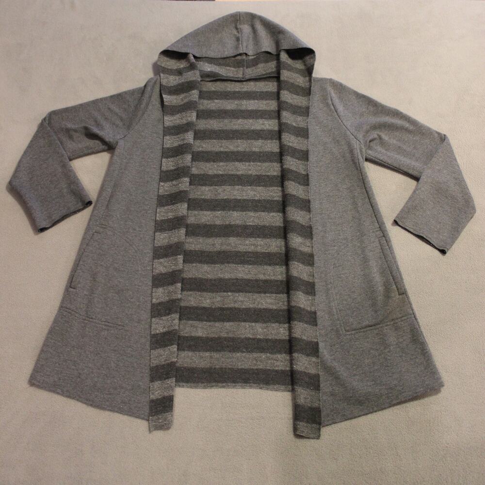 Gray Open Front Hooded Cardigan Sweater Jacket Long Sleeve Striped Lining Medium